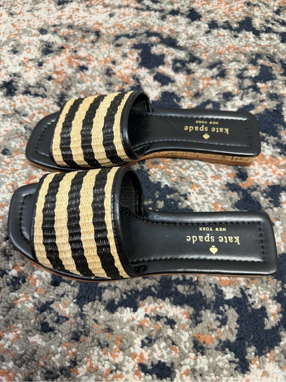 NWOT Kate Spade New York ‘Juiliane’ Raffia Slide Sandals in Black Stripe Sz 5.5